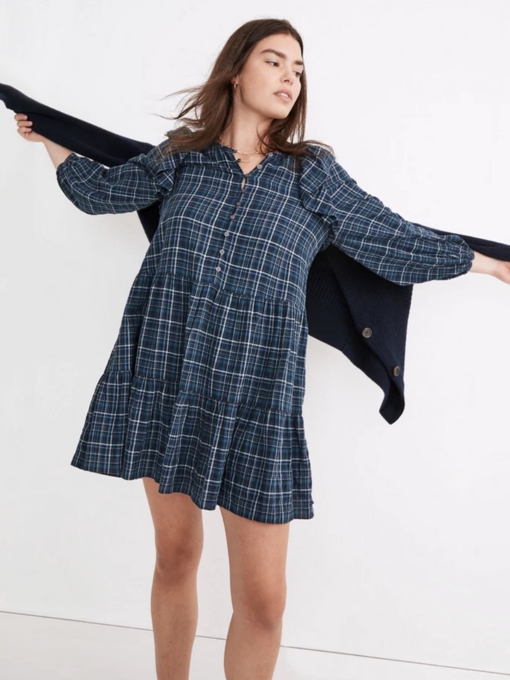 Madewell Gauze Ruffle Trim Mini Plaid Blue Dress size small